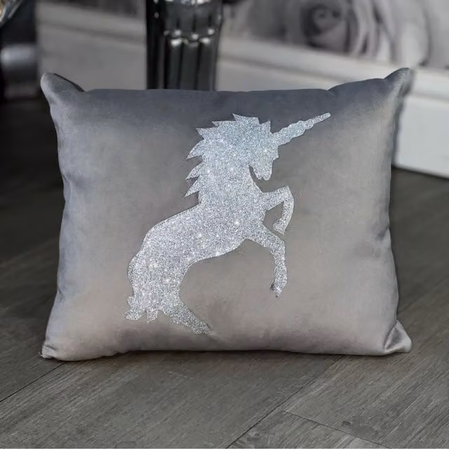 FABRICNCO Grey and Silver Sparkly Unicorn Plush Velvet Cushion