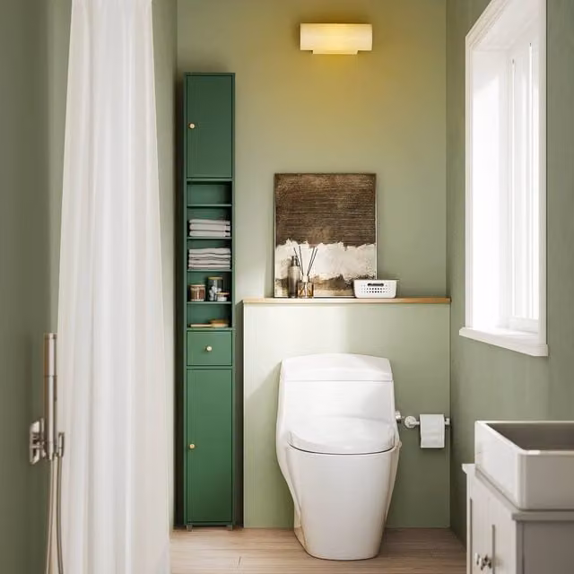 SoBuy Slim Bathroom Tall Cabinet in Matt Green with Soft-Close Hinged Doors and Internal Shelves, Height: 180 cm