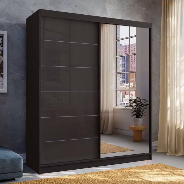MN Furniture High Gloss Sliding Mirror Wardrobe with Integrated LED Lighting, Black, W: 150 cm, H: 200 cm