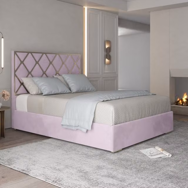 Repose Upholstered Velvet Metal Bed Frame in Pink, W: 180 cm, D: 200 cm