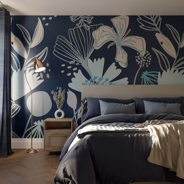 Superfresco Easy Scandi Floral Navy Blue Botanical Mural W: 300 cm, H: 280 cm