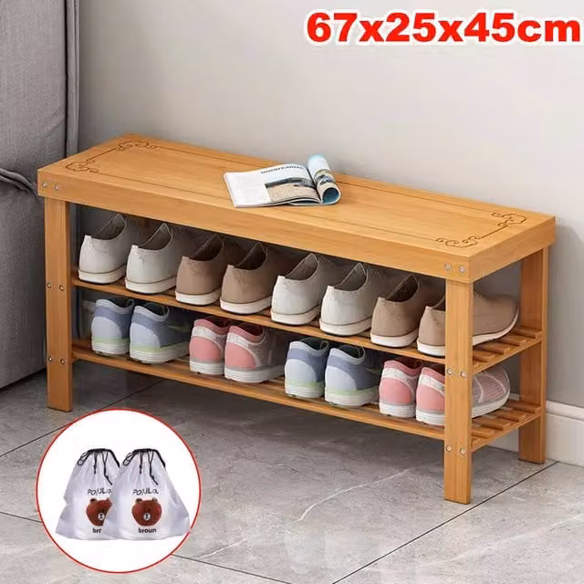 FORGEVIO Hallway Storage Bench with 3 Tier Wooden Shoe Rack in Brown