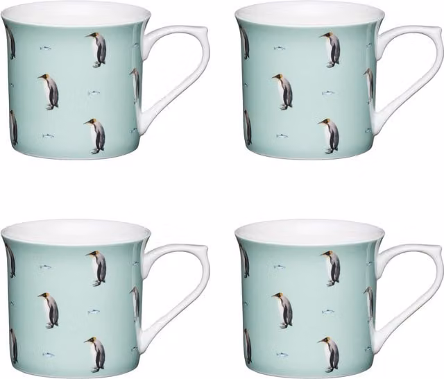 KitchenCraft Set of 4 Blue Fluted Bone China Penguin Mugs