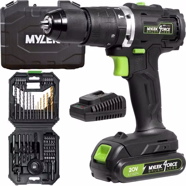 MYLEK 20V Cordless Brushless Impact Hammer Drill with 56 Piece Accessory Kit in Black