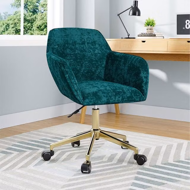 Komore Green Velvet Upholstered Swivel Task Chair with Gold Metal Base and Armrests
