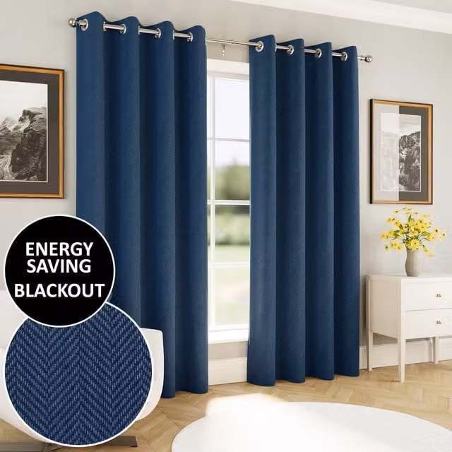 Enhanced Living Chester Herringbone Jacquard Blackout Eyelet Curtains in Navy Blue, Width: 168 cm
