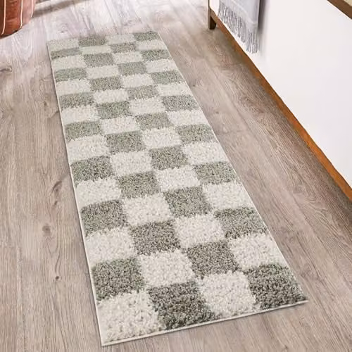 Desire Rugs Chester Modern Checkered Shaggy Area Rug, Green, W: 60 cm, L: 220 cm