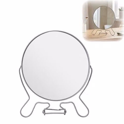 Premier Housewares Silver Effect Round 2-Sided Tabletop Shaving Mirror with Metal Stand