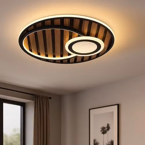 Globo Lighting Woody LED Ceiling Light, Black and Wood, Diameter: 50 cm