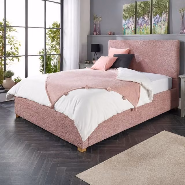 Aspire Bouclé Upholstered Garland Ottoman Storage Bed Frame in Pink, W/D/H: 200 x 200 cm