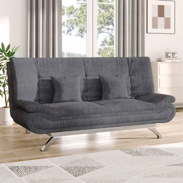 Komore Grey Fabric Click-Clack Sofa Bed with Spring Core and Scatter Cushions, 140 x 200 cm