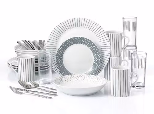 Waterside 36-Piece Combination Dinner Set in White and Grey, featuring Porcelain Plates, Bowls, Mugs, Hi-Ball Glasses and Stainless Steel Cutlery