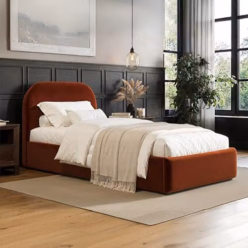 Flair Furnishings Alba Single Ottoman Bed Frame with Storage and Curved Headboard in Orange Velvet, W/D/H: 90 x 190 x 105 cm