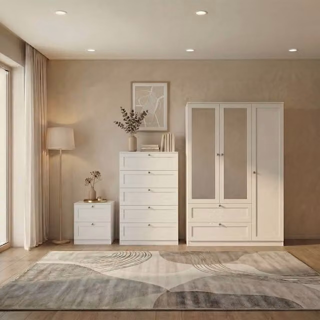 Vida Designs Altino 3-Piece White Bedroom Set Including Wardrobe, 5-Drawer Chest and 2 Bedside Tables