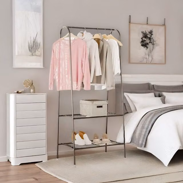 Furnold Heavy Duty Metal Clothes Rail Open Wardrobe with 2 Shelves, Black and Silver, W/D/H: 153 x 60 x 36 cm