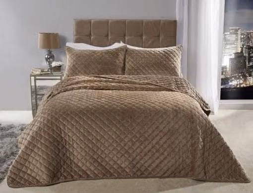 New Edge Blinds Banbury Brown Quilted Velvet Bedspread and Pillow Shams Set