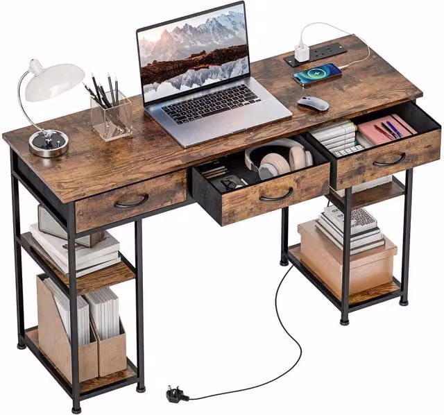 Rolipo Brown Computer Desk with Power Outlets, Fabric Drawers and Shelves, Width: 120 cm