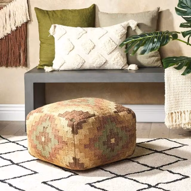 Wyld and Coco Kilim Pouffe in Multicolour Brown Jute and Wool, W/D/H: 50 x 50 x 50 cm