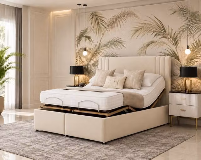 K Mehmood Enterprise Ltd Modern Upholstered Senior Bed with Head and Footboard in Beige and Silver