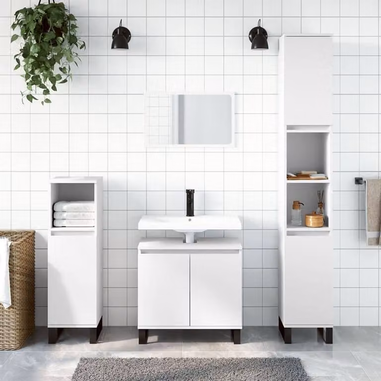 Berkfield Home 3 Piece Modern White Matt Bathroom Cabinet Set with Hinged Doors and Open Shelves