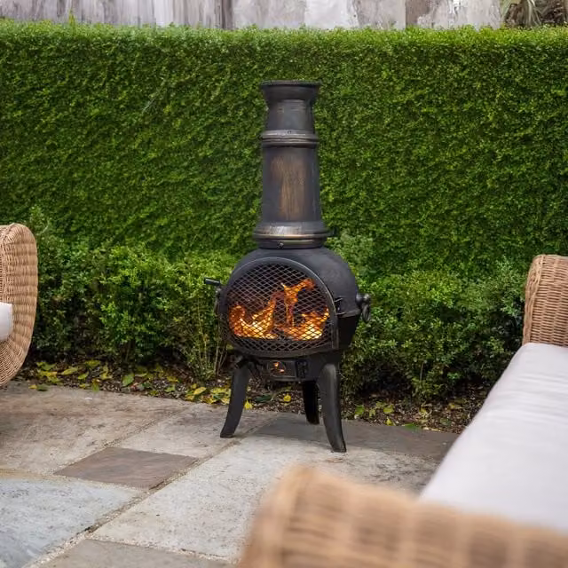 Monster Shop Cast Iron Chiminea Outdoor Patio Heater in Bronze Effect with Rain Cover and Poker, H 110 cm x W 50 cm x D 50 cm
