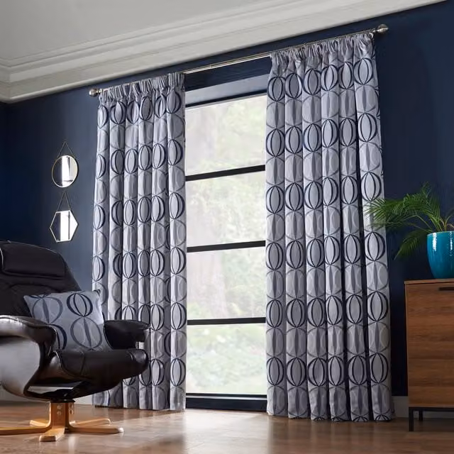 Livinluxury Ome Pencil Pleat Taped Top Curtains in Blue and Grey, Length: 228 cm