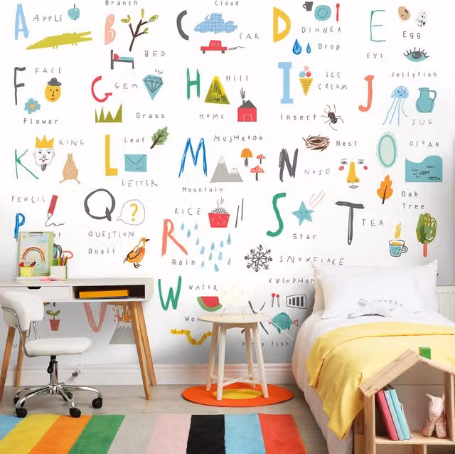 Origin Murals Scandinavian Childrens Alphabet Illustrations Wall Mural in White and Multicolour