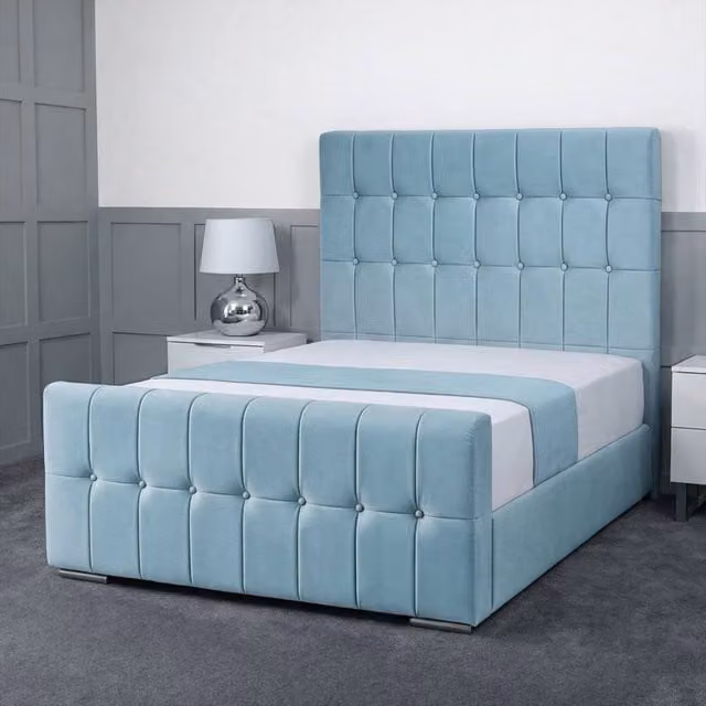 Living Comfort Bedz Belmont Plush Velvet Upholstered Bed with Slatted Base and 48 Inch Headboard in Light Blue, Super King