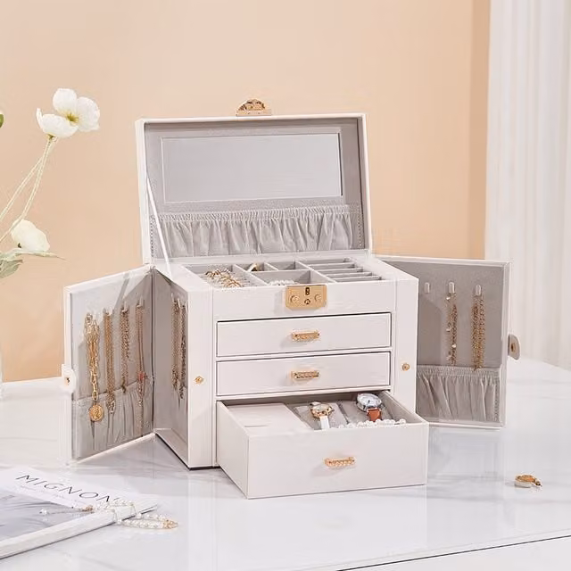 Komore Jewellery Box with Multiple Compartments in White and Gold