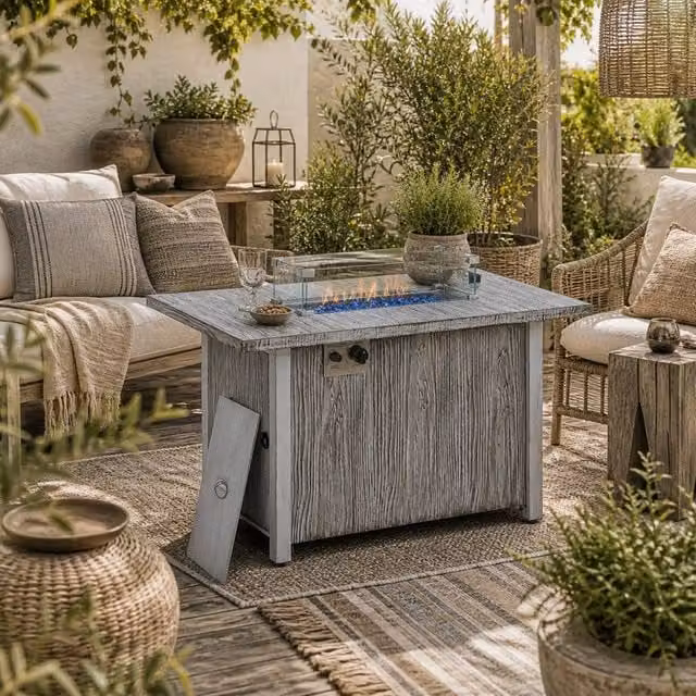 Wyld Haus Grey Wood Effect Steel Gas Fire Pit Table with Glass Screen and Cover W/D/H: 109 x 56 x 63 cm