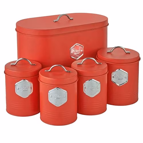 Cooks Professional 5 Piece Airtight Tea Coffee Sugar Bread and Biscuit Canister Set in Red and Silver
