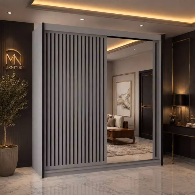 MN Furniture Reno 2 Sliding Door Wardrobe with Mirror and LED Light in Taupe, W: 150 cm, H: 217 cm