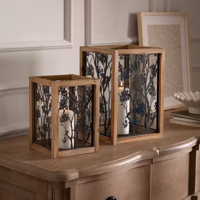 Voyage Maison Paloma Set of 2 Floral Wooden and Metal Tabletop Lanterns in Brown and Beige