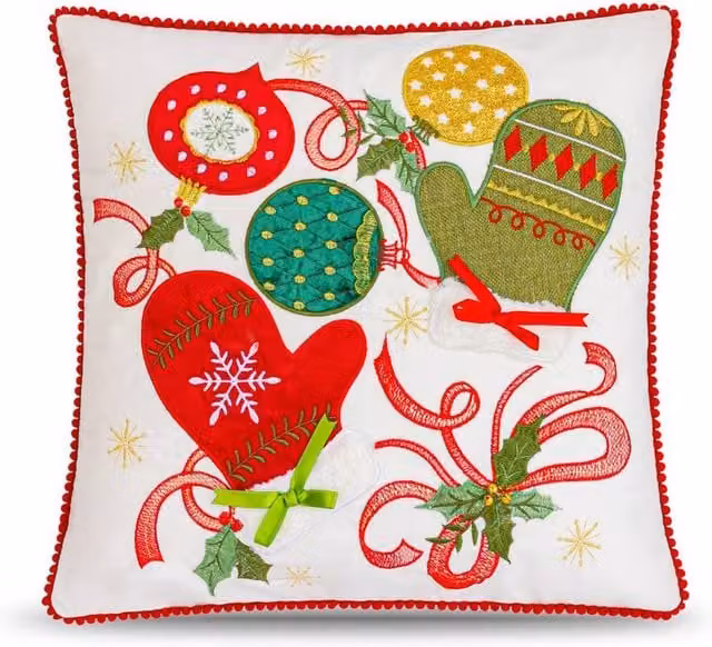 Luxury Living Embroidered Christmas Cushion in Cream with Mittens, Baubles and Bell, W/D/H: 45 x 45 x 45 cm