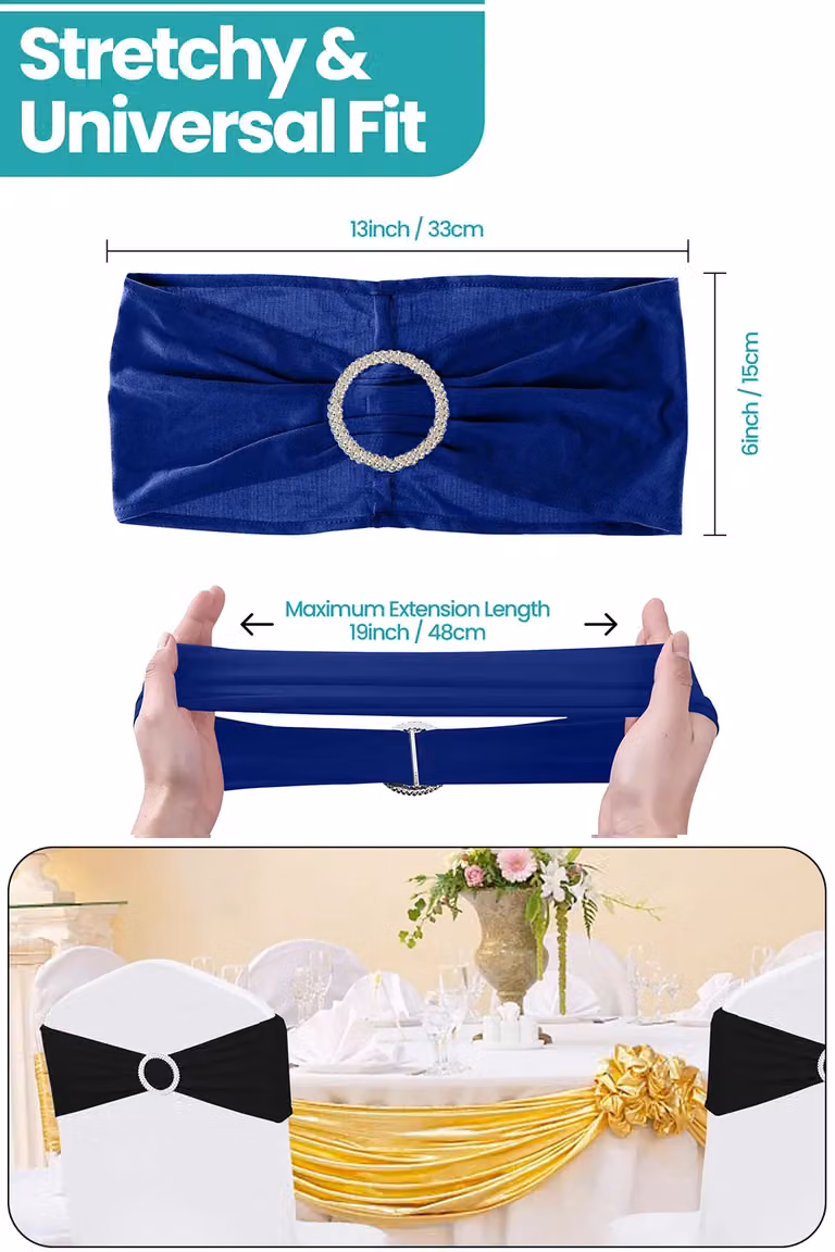 Neel Blue Spandex Chair Band with Slider Buckle, Stretchy Dining Chair Cover Sash in Royal Blue