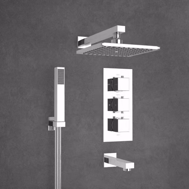 Nes Home Lilly Chrome 3 Dial 3 Way Square Concealed Thermostatic Mixer Valve with Square Handset Bath Filler and Square Shower Head in Silver