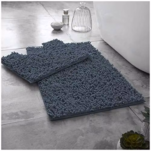 Gaveno Cavailia De Lavish Chenille Bath Mat and WC Pedestal Mat Set, Dark Grey