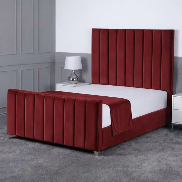 Living Comfort Bedz Empress Plush Velvet Upholstered Bed with Slatted Base and 48 Inch Headboard, Maroon, King Size