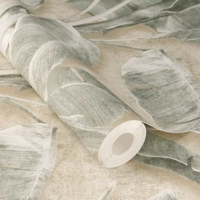 Rasch Cuba Tropical Leaves Self-Adhesive Textured Wallpaper, Green and Beige, 6.00 m x 0.53 m