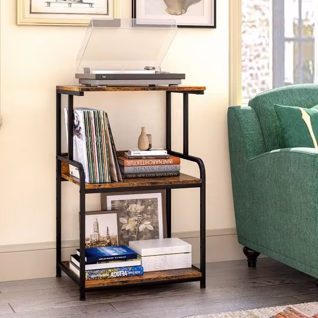 Huhote 3-Tier Printer Stand with Adjustable Storage Shelves and Locking Wheels, Brown