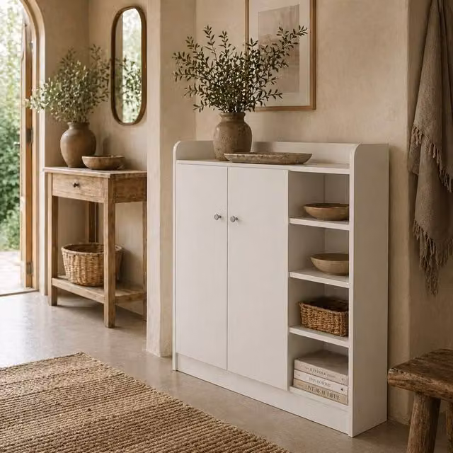 Wyld Haus Rala White Shoe Cupboard with 4 Doors and 9 Adjustable Shelves, W/D/H: 90 x 30 x 90 cm
