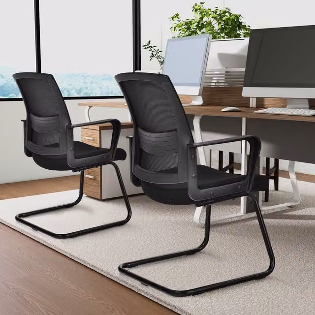COSTWAY Modern Black Fabric Reception Conference Chair with Metal Frame