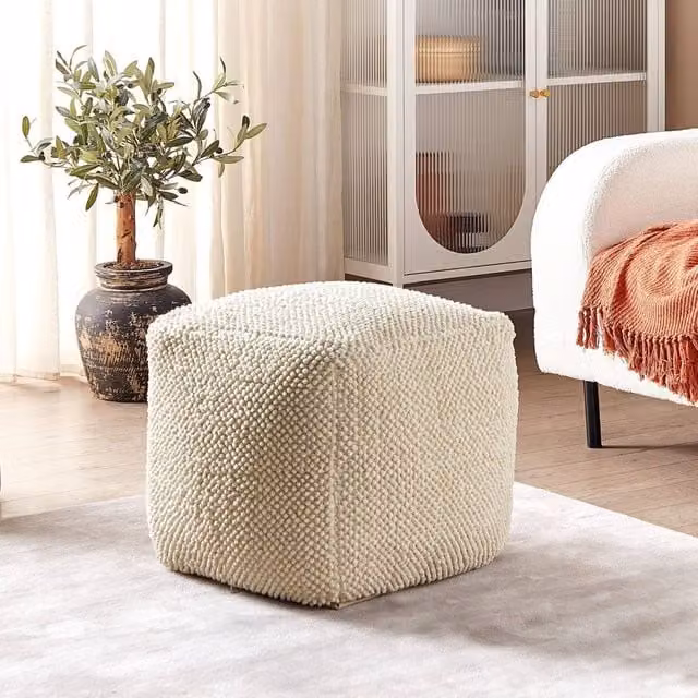 Wyld and Coco Beige Bouclé Cotton Cube Pouffe W/D/H: 45 x 45 x 45 cm