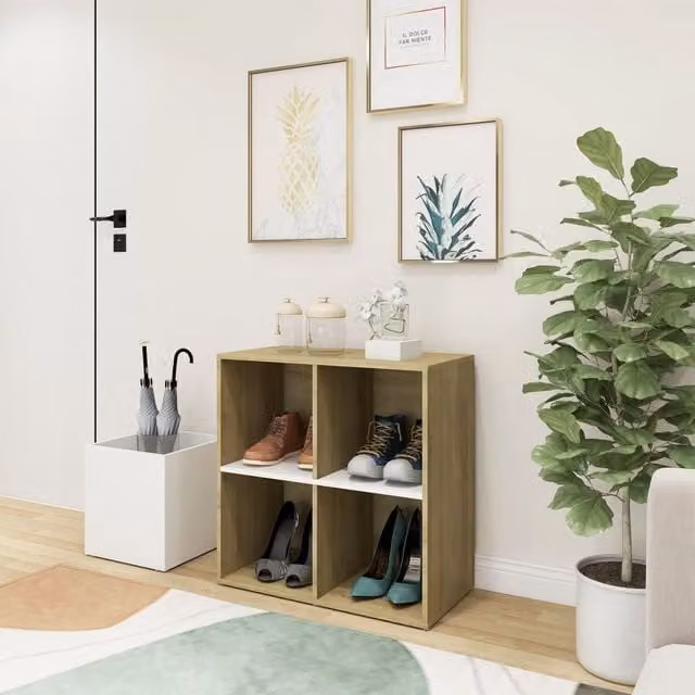 Berkfield Home Hall Shoe Cabinet in White and Sonoma Oak, W/D/H: 105 x 35.5 x 70 cm