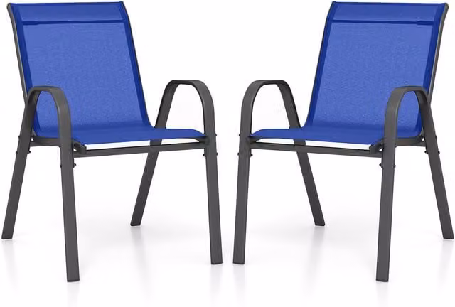 Costway Set of 2 Blue Breathable Textilene Fabric Lawn Chairs with Armrests and Powder Coated Steel Frame