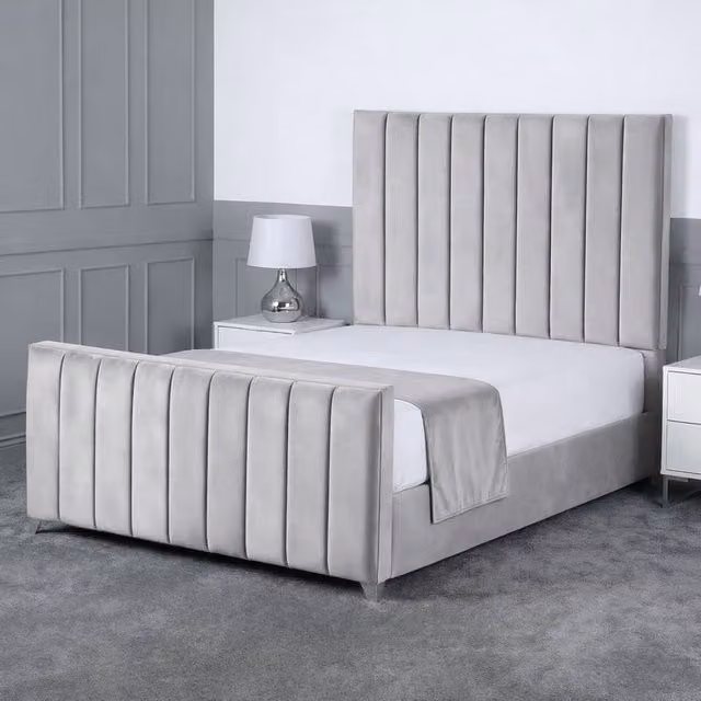 Living Comfort Bedz Empress Plush Velvet Upholstered Bed with Slatted Base and 48 Inch Headboard in Silver, Small Double