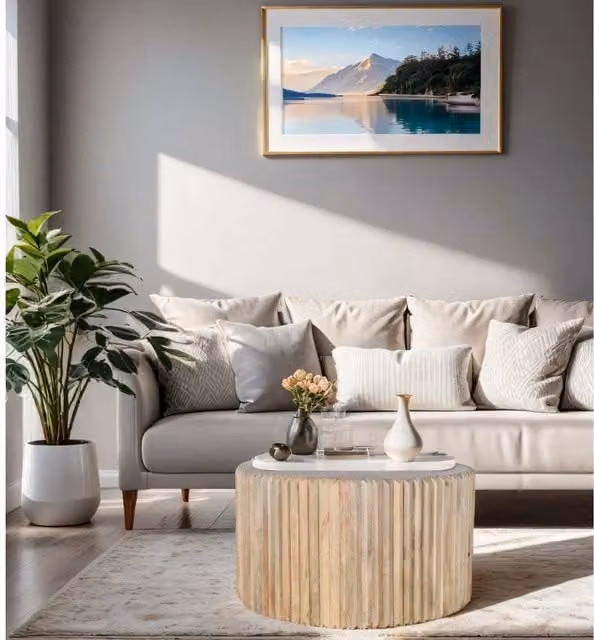 IH Design Paloma Round Mango Wood Coffee Table in Brown and Beige