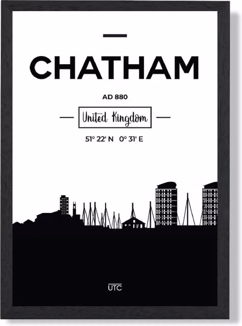 ARTZE Chatham Black and White City Skyline Framed Paper Poster in Black Frame, A3