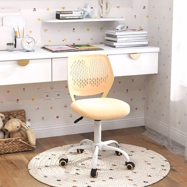 Costway Ergonomic Adjustable Childrens Study Chair in Beige Fabric with 360 Degree Swivel and Castors
