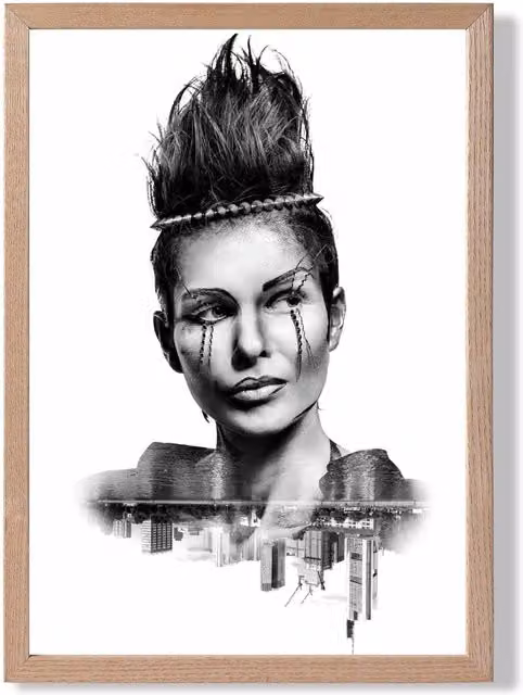 ARTZE Abstract and City Fashion Black and White Framed Photo Print with Oak Wood Frame
